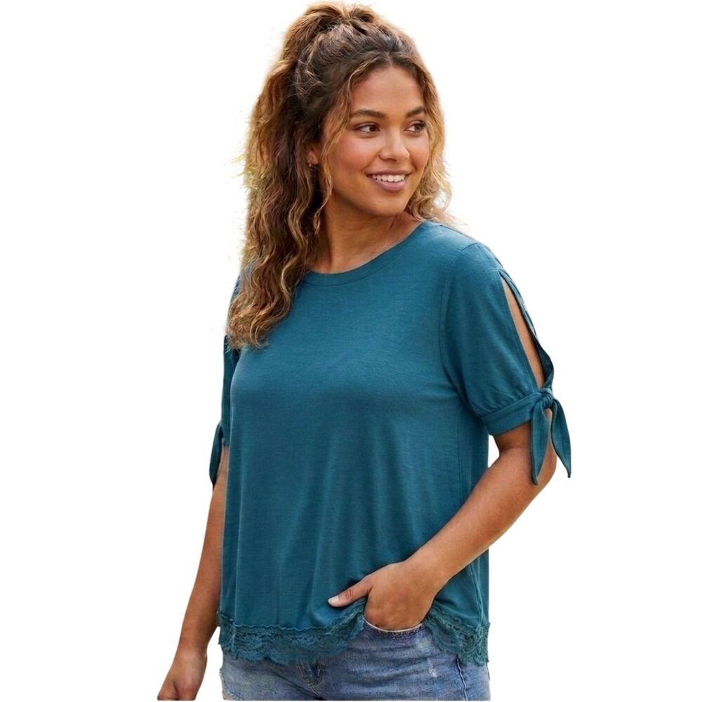 Altar’d State Teal Lace Hem Top with Tie Cutout Sleeves